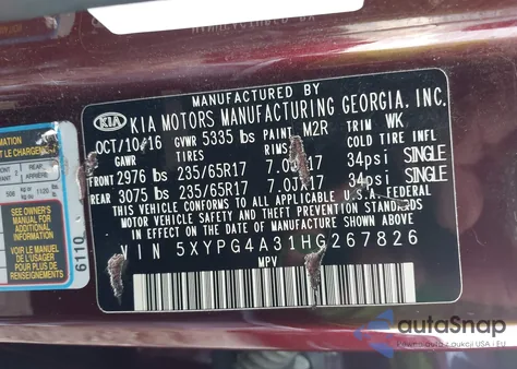 2017 Kia Sorento 2.4L Lx from USA, damaged, VIN 5XYPG4A31HG267826